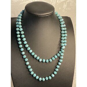 Blue Long Faceted Bead Necklace Boho Chic Hand Knotted Jewelry Statement Piece